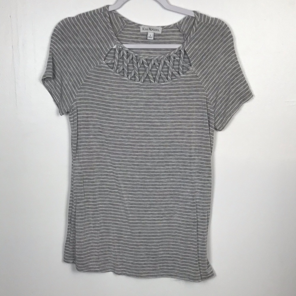 Kim Rogers Women Gray White Striped Criss Cross Neckline Top Blouse Sz Small